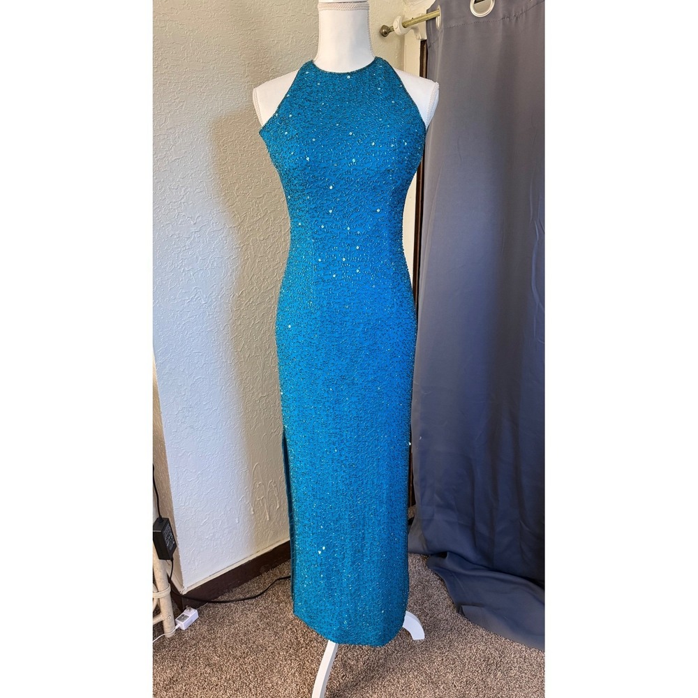Scala Vintage Silk Beaded Sequin Gown Turquoise Blue Open Back Formal Dress XS